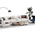 Cozy Beige Sofa and Coffee Table Set with Cushions Floor Lamp and Green Plant