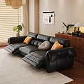 Living Room with Black Leather Sofa Decorative Cushions Wooden Side Cabinet Wall Art and Blinds