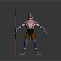 Fantasy Humanoid Creature With Blue Red Skin Holding Spear Brown Loincloth And Clawed Feet