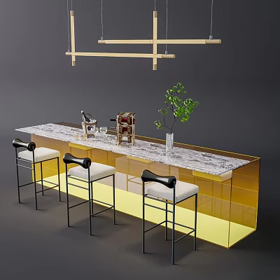 Modern Bar Counter With Marble Top Hanging Lights Black Bar Stools And Green Plant Decoration 3d model