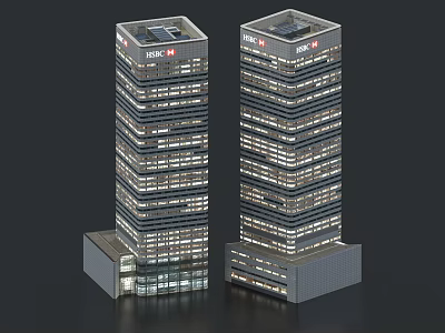 Twin Modern High Rise Office Buildings With Glass Curtain Walls And Illuminated Exteriors 3d model