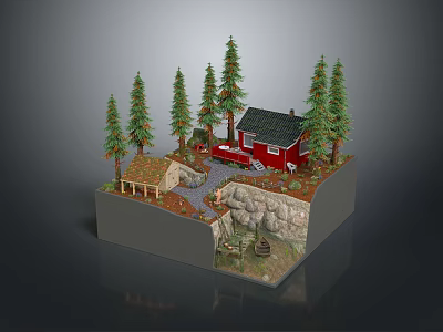 Scenic Autumn Landscape With Red Cabin Tall Pine Trees Stone Wall And Leafy Pathway 3d model