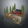 Scenic Autumn Landscape With Red Cabin Tall Pine Trees Stone Wall And Leafy Pathway