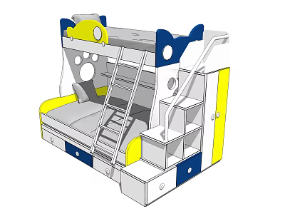 Kids Bunk Bed With Yellow Blue White Design Ladder Drawers And Storage Shelves 3d model