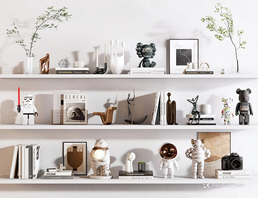 Stylish Decorative Ornament Combinations On Shelves With Figurines Books And Small Plants 3d model 