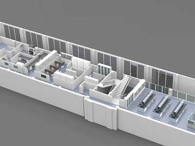 Modern Laboratory Interior Layout With Workbenches Equipment Staircase And Large Windows 3d model