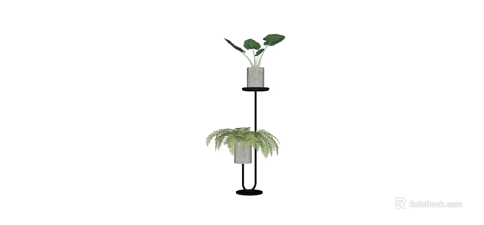 Indoor Potted Plants On Two Tier Black Stand With Gray Pots And Fern 3d model 