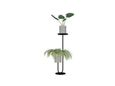 Indoor Potted Plants On Two Tier Black Stand With Gray Pots And Fern 3d model