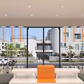 Modern Boutique Interior Design With Orange Counter White Shelves And Arched Windows