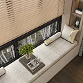 Modern Bay Window Cabinet With Cushioned Seat Potted Plant And Scenic View