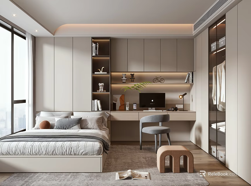 Modern Tatami Bedroom Interior Design With Bed Desk Bookshelf And Wardrobe 3d model 
