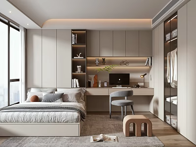 Modern Tatami Bedroom Interior Design With Bed Desk Bookshelf And Wardrobe 3d model