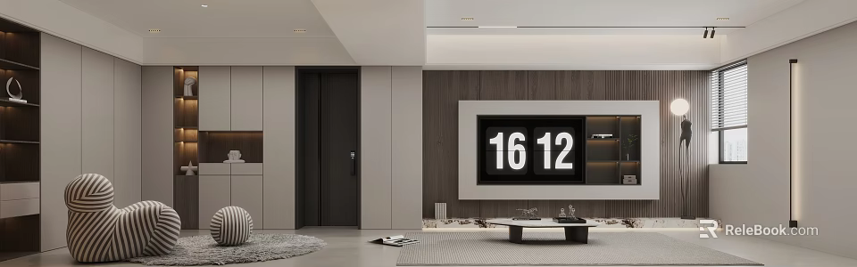 Modern Dining and Living Room Interior Design With Wooden Wall Digital Clock And Coffee Table 3d model 