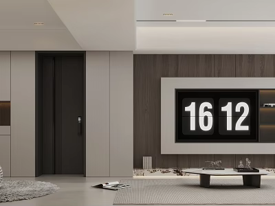Modern Dining and Living Room Interior Design With Wooden Wall Digital Clock And Coffee Table 3d model