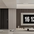 Modern Dining and Living Room Interior Design With Wooden Wall Digital Clock And Coffee Table