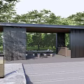 Outdoor Modern Pergola Design With Stone Columns Benches And Green Trees