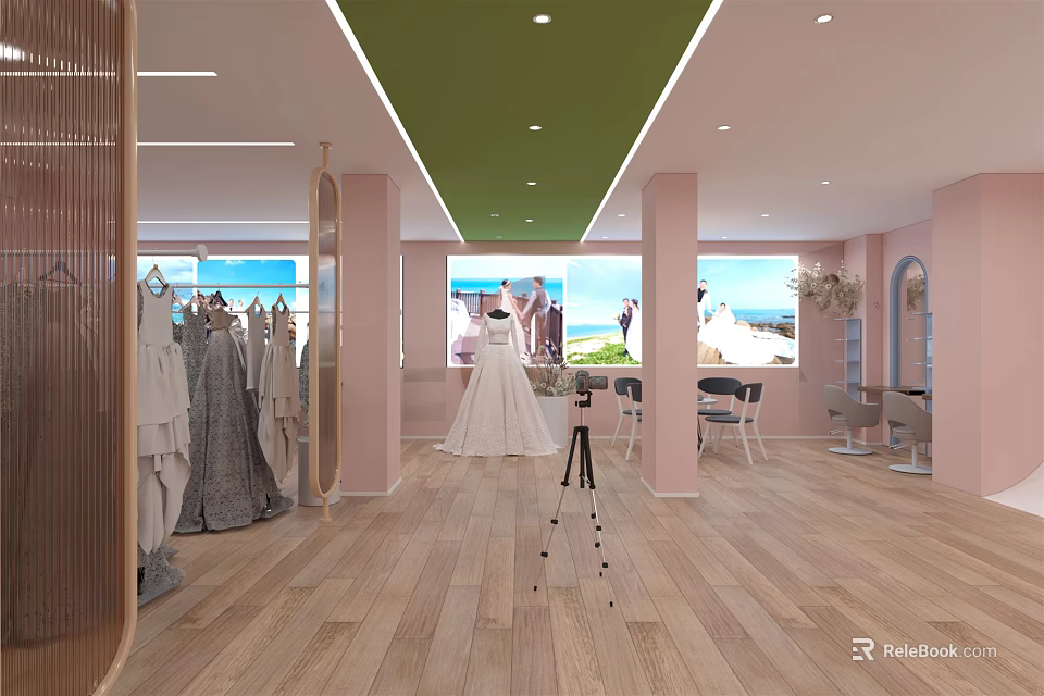 Bridal Shop Interior With Wedding Dresses Display Pink Walls Wooden Flooring And Green Ceiling 3d model 