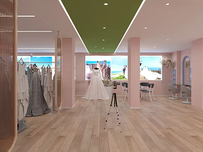 Bridal Shop Interior With Wedding Dresses Display Pink Walls Wooden Flooring And Green Ceiling 3d model
