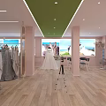 Bridal Shop Interior With Wedding Dresses Display Pink Walls Wooden Flooring And Green Ceiling