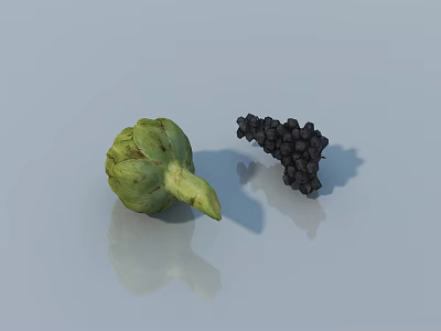 Fresh Vegetables Including Artichoke And Black Grapes On Light Background With Reflections 3d model