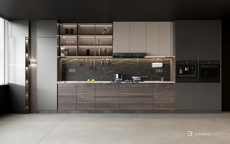 Modern Kitchen Interior With Stylish Sideboard Gray Cabinets And Storage Shelves 3d model 