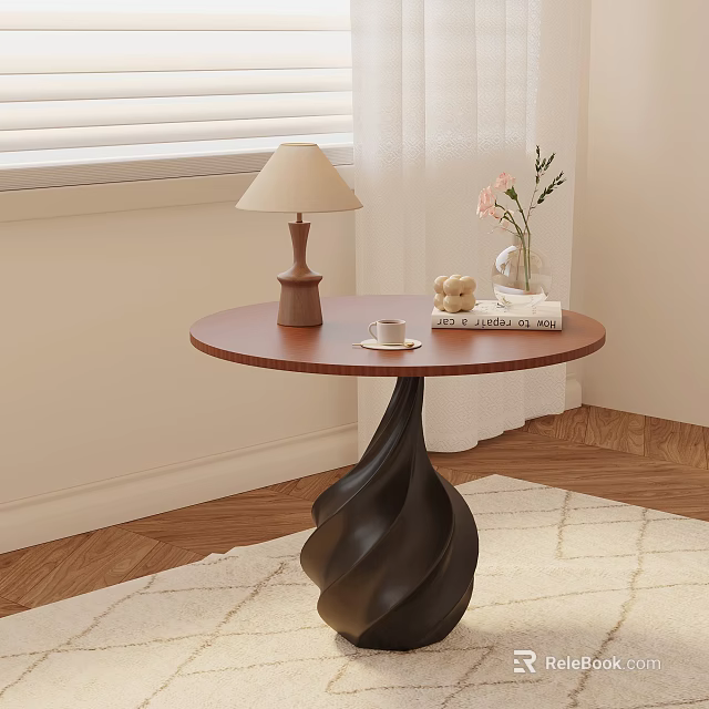 Elegant Retro Round Wooden Side Table With Unique Spiral Base For Cozy Sunlit Home Decor 3d model 