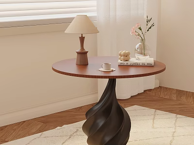Elegant Retro Round Wooden Side Table With Unique Spiral Base For Cozy Sunlit Home Decor 3d model