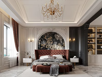 Luxurious Bedroom with Chandelier Red Headboard Black Gold Decorative Wall White Molding and Bench 3d model
