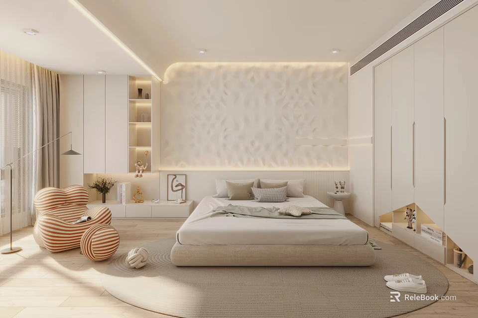 Modern Bedroom Interior With Textured Headboard Wall Built in Wardrobes And Round Rug 3d model 