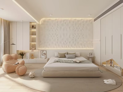 Modern Bedroom Interior With Textured Headboard Wall Built in Wardrobes And Round Rug 3d model