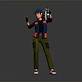 Man Wearing Blue Cap Black Vest With Red Stripe Green Pants Red Shoes Holding Device
