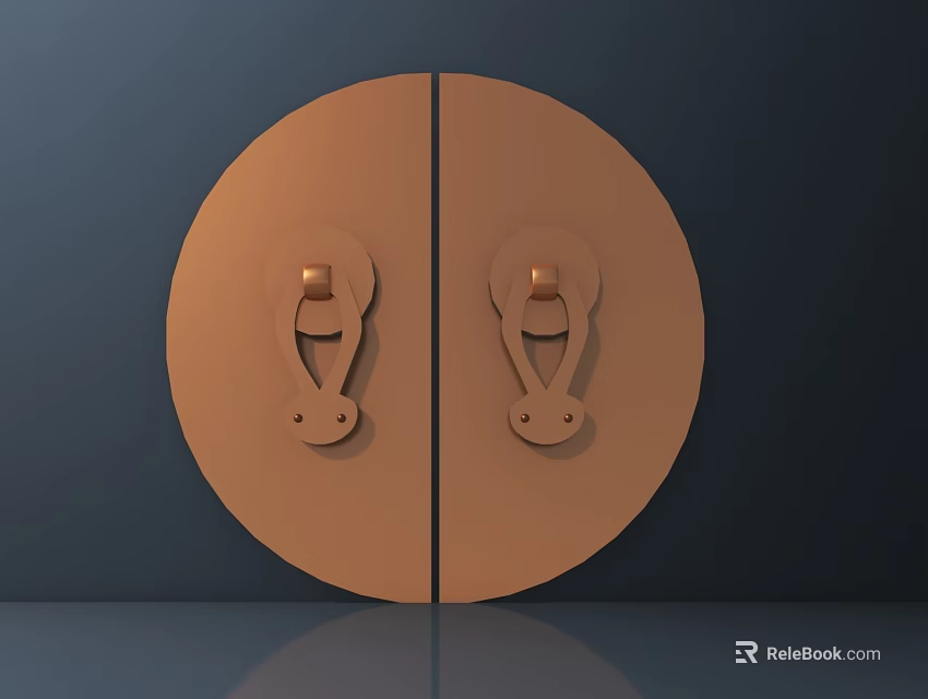 Two Symmetric Brass Colored Door Handles On Circular Dark Reflective Door 3d model 