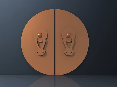 Two Symmetric Brass Colored Door Handles On Circular Dark Reflective Door 3d model