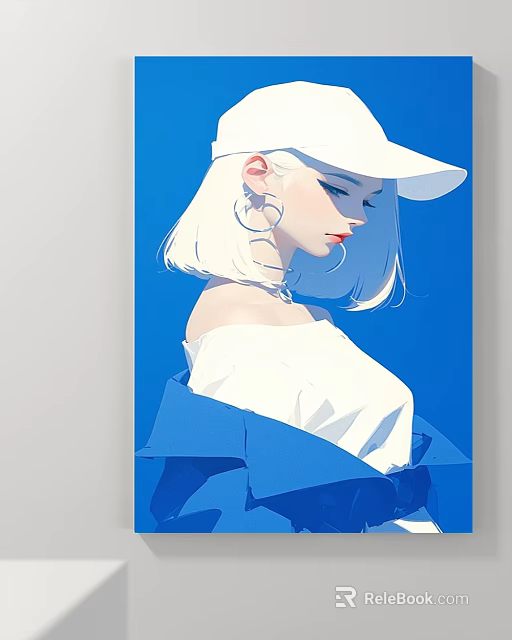 Portrait Illustration of a Female with White Cap Short Hair Large Earrings and Blue Background 3d model 