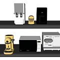 White Black Yellow Kitchen Appliances Including Blender Microwave And Coffee Maker On Shelves