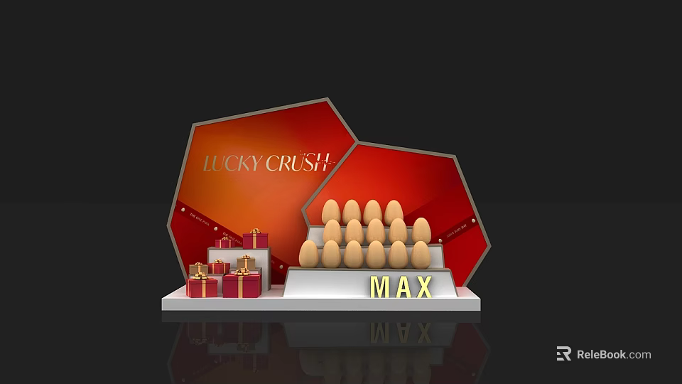 Lucky Crush Event Display With Golden Eggs Gift Boxes And MAX Sign 3d model 