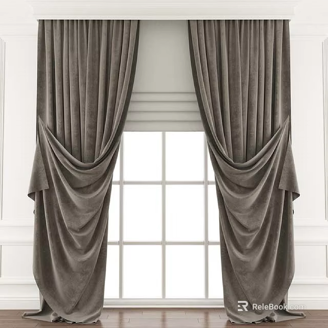 Elegant Gray Velvet Pleated Curtains Hanging On White Window Frame 3d model 