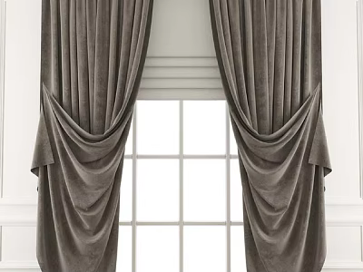 Elegant Gray Velvet Pleated Curtains Hanging On White Window Frame 3d model
