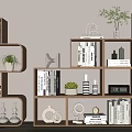 Modern Stylish Wooden Bookshelf Design With Books Decorative Ornaments And Green Plants