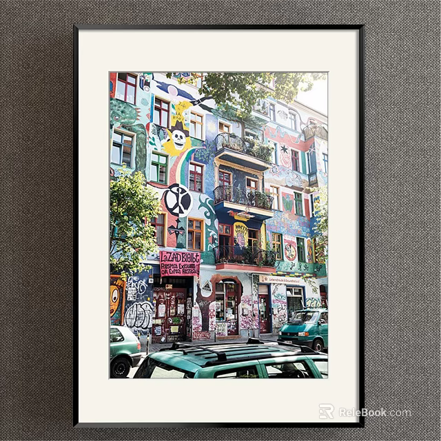 Scenic Landscape Painting Of Colorful Building With Graffiti Balconies Parked Cars And Green Trees 3d model 