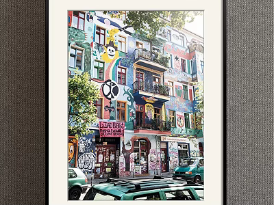 Scenic Landscape Painting Of Colorful Building With Graffiti Balconies Parked Cars And Green Trees 3d model