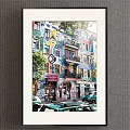 Scenic Landscape Painting Of Colorful Building With Graffiti Balconies Parked Cars And Green Trees