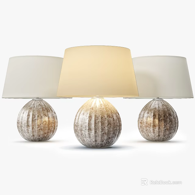 Three Stylish Table Lamps Featuring White Shades And Textured Silver Bases 3d model 