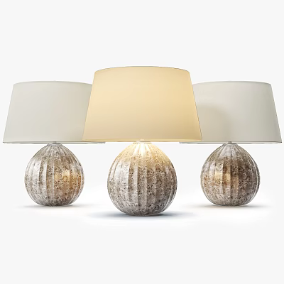 Three Stylish Table Lamps Featuring White Shades And Textured Silver Bases 3d model
