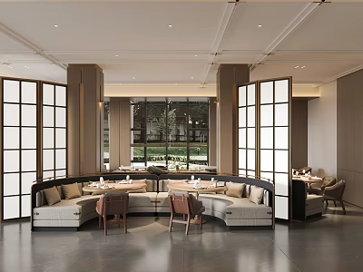 Modern Restaurant Interior With Curved Banquettes Large Windows And Wooden Partitions 3d model