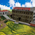 School Buildings Complex With Central Playground And Red Flag In Green Mountainous Fields