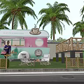 Colorful Mobile Food Truck Serving Fresh Coffee And Snacks With Palm Trees And Lawn Seating