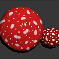 Large and Small Red Mushrooms with White Spots and Brown Stems on Black Background