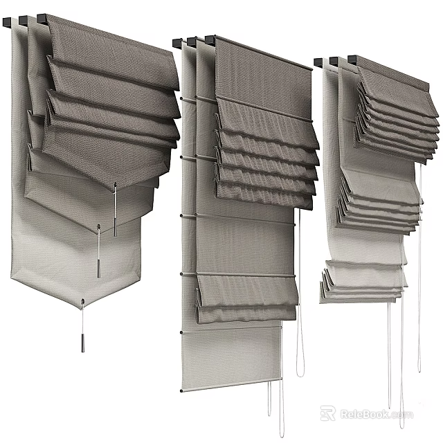 Stylish Gray Pleated Curtains With Various Folding Designs For Home Decor 3d model 