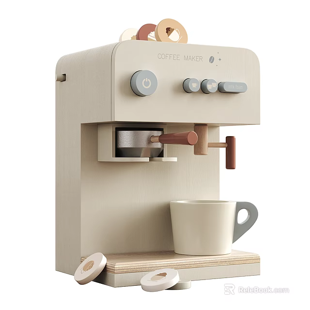 Beige Coffee Maker With Mug On Wooden Base 3d model